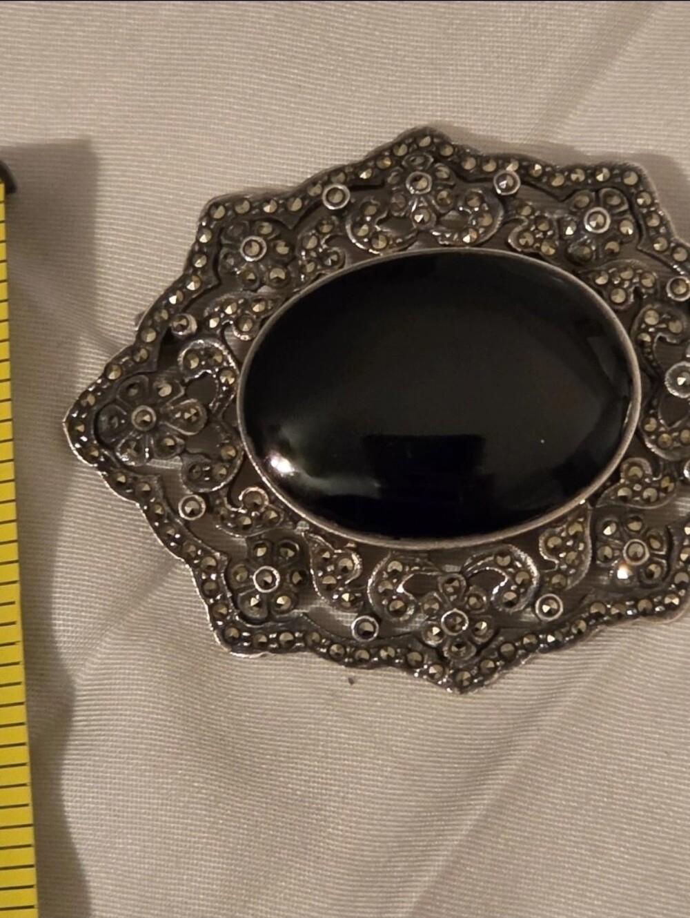 Vintage 925 Sterling Silver Black Onyx Marcasite Brooch Pin Thailand Art Deco - Picture 5 of 7